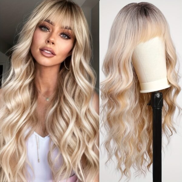 Heat Resistant Long Curly Wavy Wig With Bangs, Beginners Friendly Synthetic Wig for Daily Use, Elegant Wigs for Women
