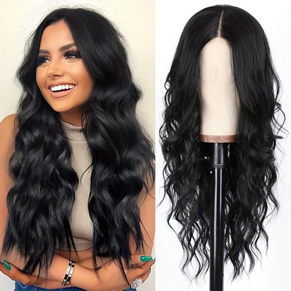Women'S Black Wig, Long Wavy Wig, 26-inch (about 25.98 inch) Middle Part Synthetic Heat-resistant Wig, Suitable For Daily Parties