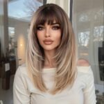 Elegant Long Straight Synthetic Hair Wig with Layered Bangs - High-Temperature Fiber, 150% Density, Rose Net Cap, Suitable for All Light Beige Tones, Perfect for Casual Attire