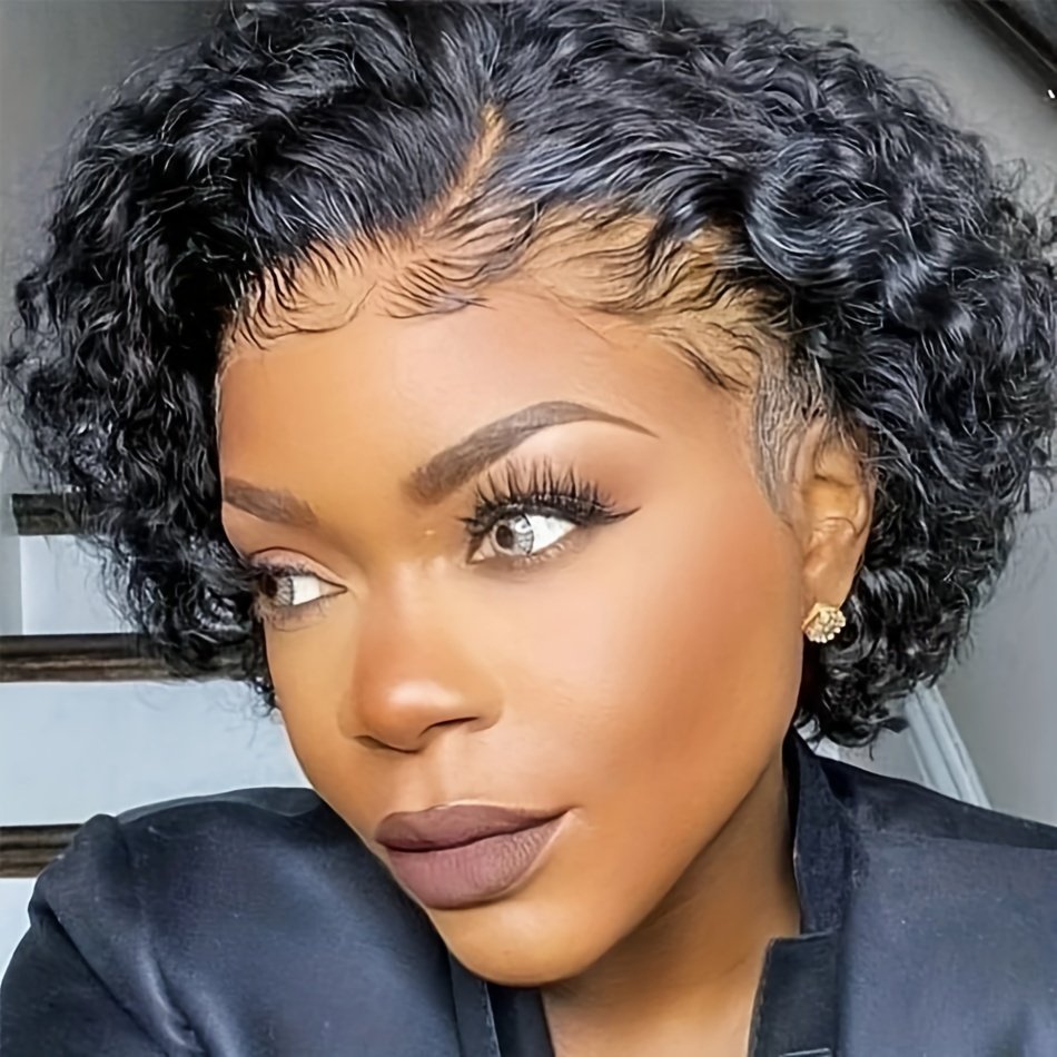 Christmas Big Pixie Cut Wig Human Hair 13x1 Lace Frontal 130% Density Curly Wave 6-inch Natural Black Short Bob Wig for Women - Elegant Style, Versatile for All Ethnicities, Hair Wig