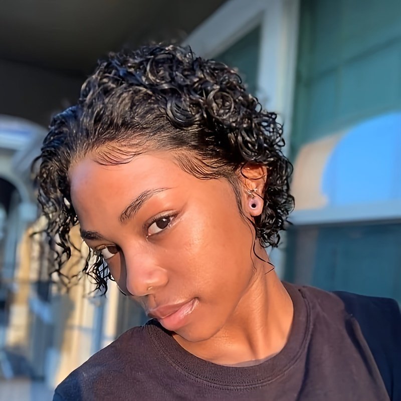 Christmas Big Pixie Cut Wig Human Hair 13x1 Lace Frontal 130% Density Curly Wave 6-inch Natural Black Short Bob Wig for Women - Elegant Style, Versatile for All Ethnicities, Hair Wig
