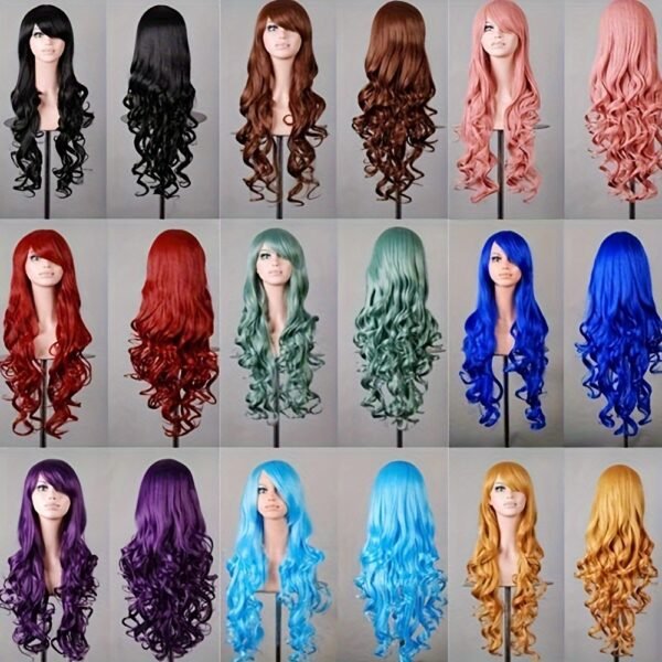 [80cm Long Curly Anime Wig] Ladies' 80cm Long Curly Hair Anime Wig With Side-swept Bangs And Large Wavy Curls Wig