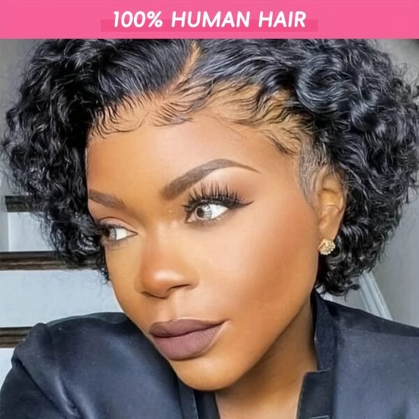 Christmas Big Pixie Cut Wig Human Hair 13x1 Lace Frontal 130% Density Curly Wave 6-inch Natural Black Short Bob Wig for Women - Elegant Style, Versatile for All Ethnicities, Hair Wig