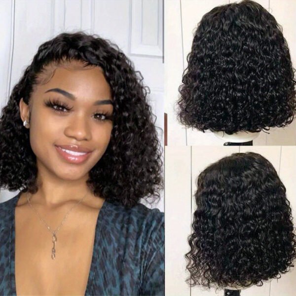 [14" Water Wave Brazilian Wig] Easy-Wear 14" Water Wave Bob Wig - Deep Curly Lace Front, Adjustable Fit, Natural Black, High-Density Brazilian Hair